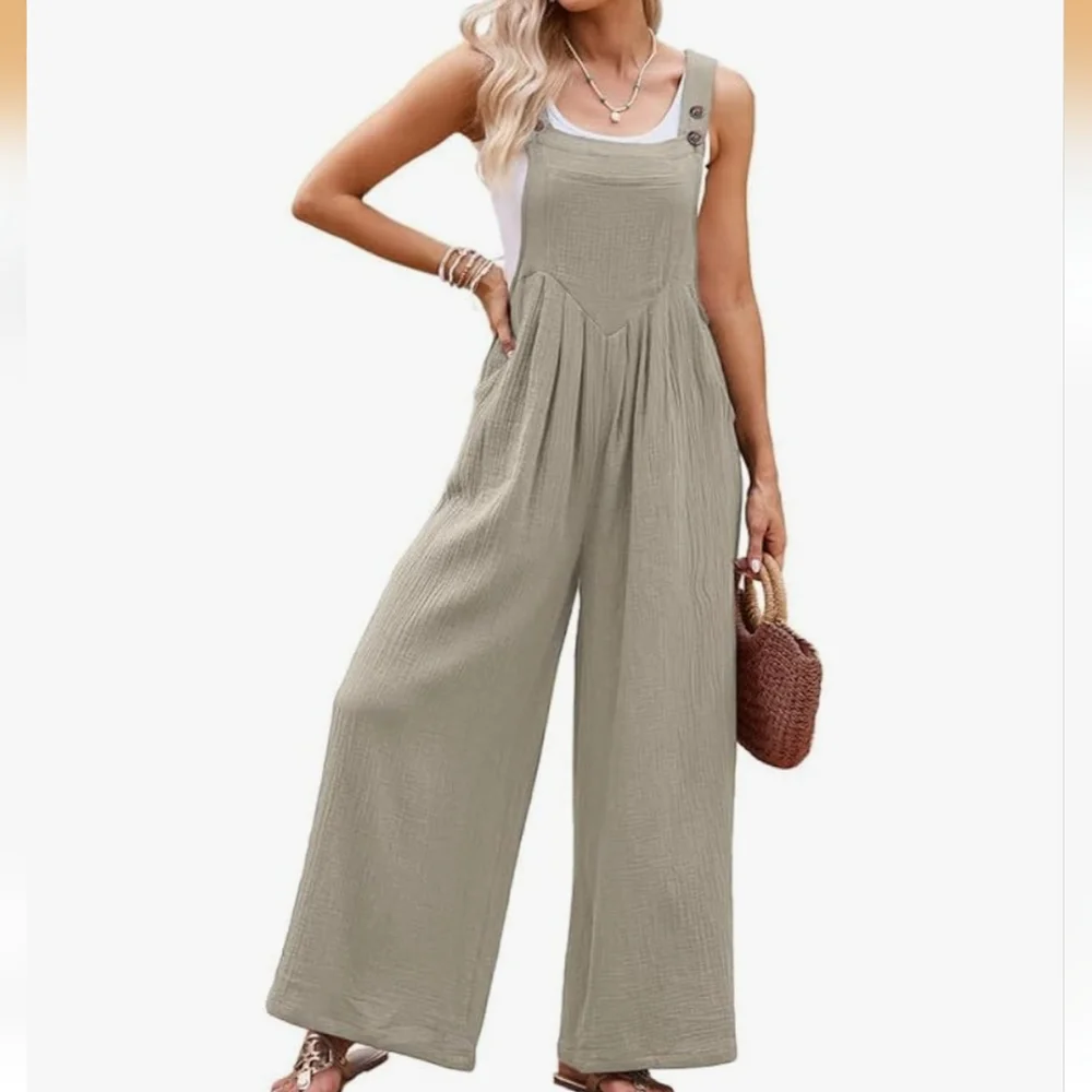 Women's Casual Loose Overalls Jumpsuits One Piece Sleeveless Wide Leg NWT Sz Med - Picture 2 of 7